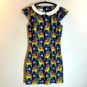 HAPPY YELLOW DRESS Sz  S Cap Sleeve Collared Deer Printed 100% Cotton Mini Dress